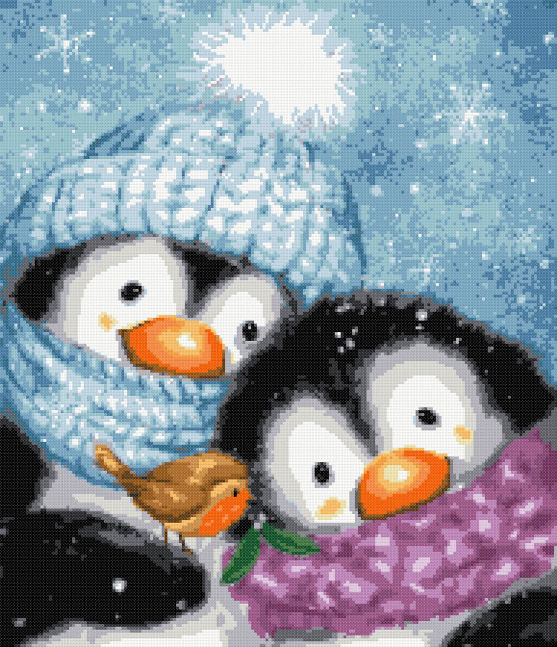 Penguins with robin Christmas (v2) cross stitch kit