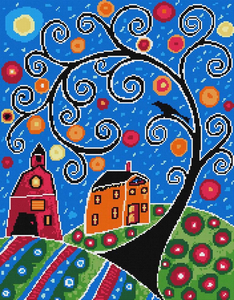 Swirl tree houses and barn (v2) modern counted cross stitch kit