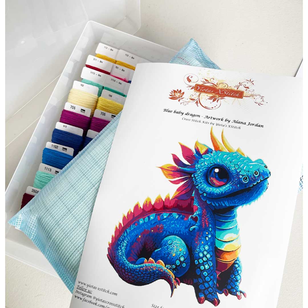 Blue baby dragon modern cross stitch kit