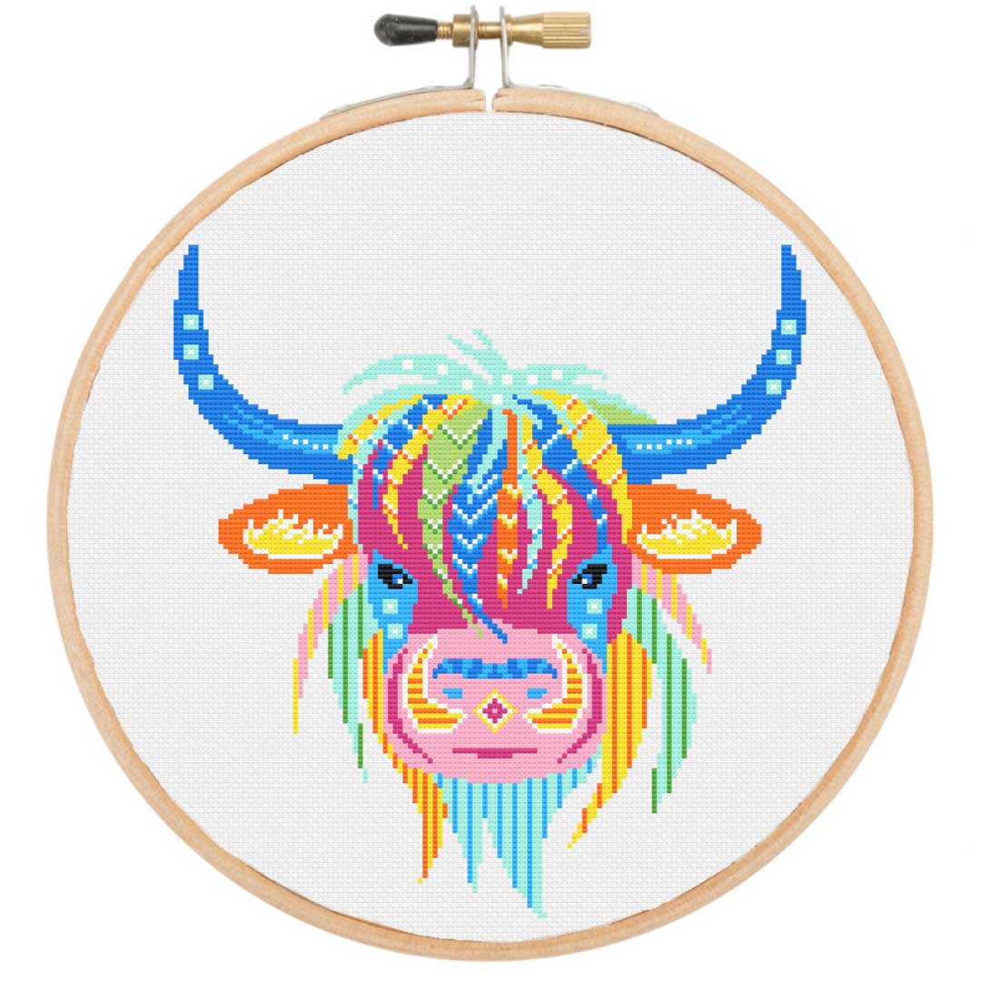 Highland cow mandala cross stitch kit