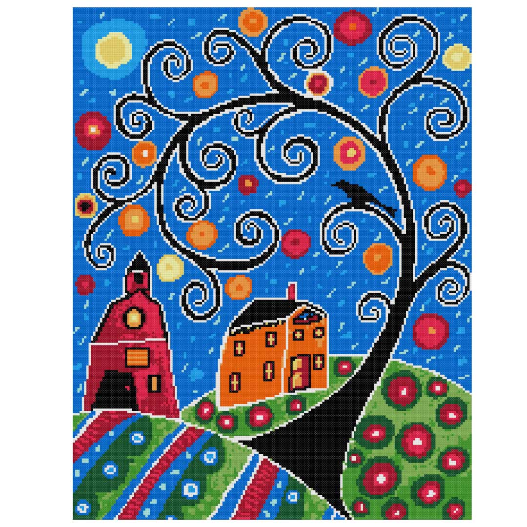 Swirl tree houses and barn (v2) modern counted cross stitch kit