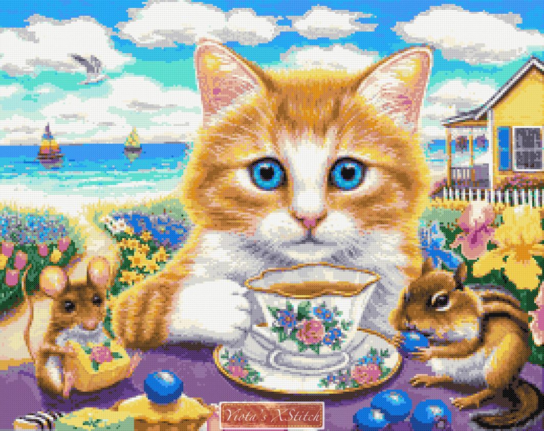 Cat tea cross stitch kit