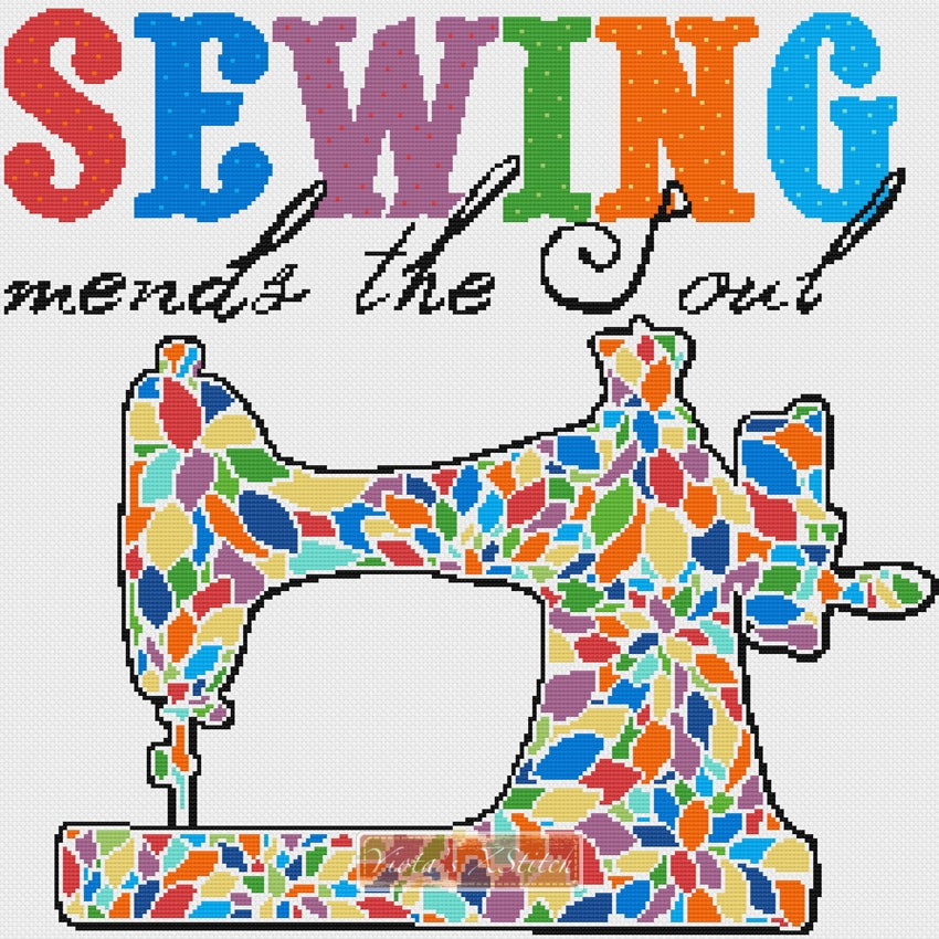 A sewing machine in mosaic rainbow colours counted cross stitch kit