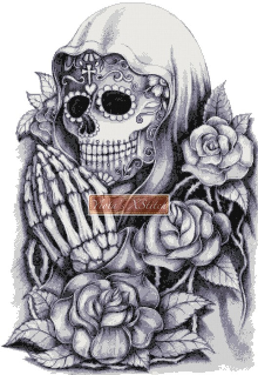 Skull with roses day of the dead skull cross stitch kit